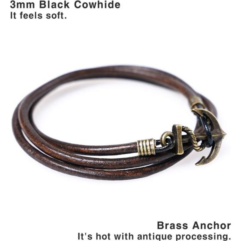 Handmade Genuine Leather Wrap Bracelet for Mens - Metal Anchor Hook Mens - Picture 2 of 6